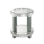 Benzara Round Mirrored Frame End Table with Faux Diamond and Bottom Shelf, Silver