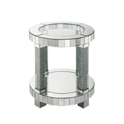 Benzara Round Mirrored Frame End Table with Faux Diamond and Bottom Shelf, Silver