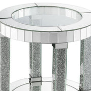 Benzara Round Mirrored Frame End Table with Faux Diamond and Bottom Shelf, Silver