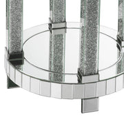 Benzara Round Mirrored Frame End Table with Faux Diamond and Bottom Shelf, Silver