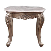 Benzara Marble Top Wooden End Table with Carvings and Anne Legs, Champagne Gold
