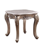 Benzara Marble Top Wooden End Table with Carvings and Anne Legs, Champagne Gold