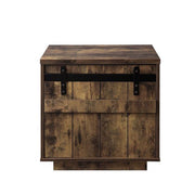 Benzara Sliding Barn Door Wooden End Table with Rough Hewn Saw Texture,Rustic Brown
