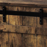 Benzara Sliding Barn Door Wooden End Table with Rough Hewn Saw Texture,Rustic Brown