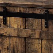 Benzara Sliding Barn Door Wooden End Table with Rough Hewn Saw Texture,Rustic Brown