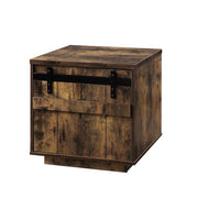 Benzara Sliding Barn Door Wooden End Table with Rough Hewn Saw Texture,Rustic Brown