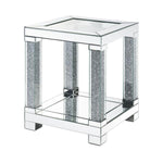 Benzara End Table with Faux Gemstone Accents and Mirrored Open Bottom Shelf, Silver