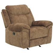 Benzara Fabric Upholstered Pull Tab Rocker Recliner with Pillow Top Armrests, Brown