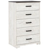 Benzara 5 Drawer Wooden Chest with Grain Details, White and Gray