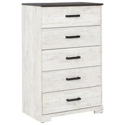 Benzara 5 Drawer Wooden Chest with Grain Details, White and Gray