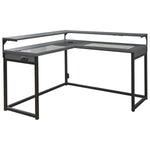 Benzara L Shape Wood and Metal Frame Office Desk with Tubular Legs, Gray and Black