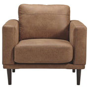 Benzara Mid Century Fabric Chair with Track Arms and Loose Back Pillows, Brown