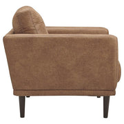 Benzara Mid Century Fabric Chair with Track Arms and Loose Back Pillows, Brown