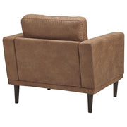 Benzara Mid Century Fabric Chair with Track Arms and Loose Back Pillows, Brown