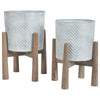 Benzara Round Metal Planter Set with Wood Stand,Set of 2,Galvanized Gray and Brown