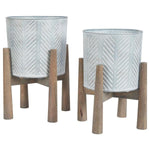 Benzara Round Metal Planter Set with Wood Stand,Set of 2,Galvanized Gray and Brown