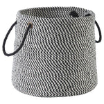 Benzara Round Shaped Fabric Basket with Braided Handles, Black and White