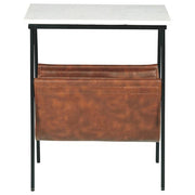 Benzara Marble Top Accent Table with Faux Leather Swing Holder, White and Brown