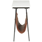 Benzara Marble Top Accent Table with Faux Leather Swing Holder, White and Brown