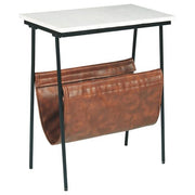 Benzara Marble Top Accent Table with Faux Leather Swing Holder, White and Brown
