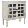 Benzara 2 Glass Inlay Door Wooden Accent Cabinet with Turned Legs, Antique White