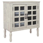 Benzara 2 Glass Inlay Door Wooden Accent Cabinet with Turned Legs, Antique White