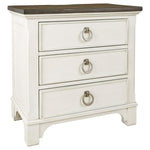 Benzara Cottage 3 Drawer Wooden Nightstand with Contrasting Top, White and Brown