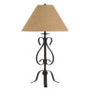 Benzara Scrolled Metal Body Table Lamp with Conical Fabric Shade, Bronze and Beige