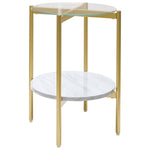 Benzara Glass Top Metal End Table with Marble Shelf, Gold and White