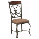 Benzara Scrolled Design Back Metal Side Chair with Curved Legs, Silver and Brown