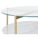 Benzara Glass Top Cocktail Table with Faux Marble Bottom Shelf, Clear and Gold