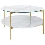 Benzara Glass Top Cocktail Table with Faux Marble Bottom Shelf, Clear and Gold