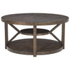 Benzara Rustic Plank Style Round Wooden Cocktail Table with Geometric Base, Brown