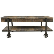 Benzara Plank Style Wooden Cocktail Table with Bottom Shelf and Caster Wheels,Brown