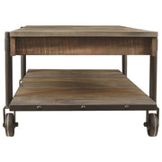 Benzara Plank Style Wooden Cocktail Table with Bottom Shelf and Caster Wheels,Brown