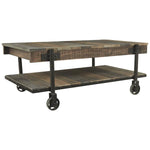 Benzara Plank Style Wooden Cocktail Table with Bottom Shelf and Caster Wheels,Brown