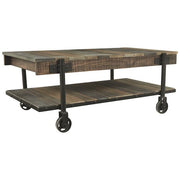 Benzara Plank Style Wooden Cocktail Table with Bottom Shelf and Caster Wheels,Brown