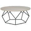 Benzara Wooden Top Round Cocktail Table with Open Geometric Base, Gray and Black
