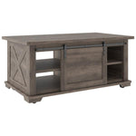 Benzara Panel Design Wooden Cocktail Table with Barn Sliding Door and Casters,Brown