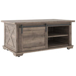 Benzara Panel Design Wooden Cocktail Table with Barn Sliding Door and Casters,Brown