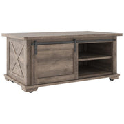 Benzara Panel Design Wooden Cocktail Table with Barn Sliding Door and Casters,Brown