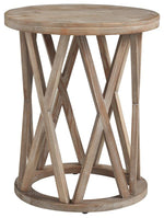 Benzara Wooden Round End Table with Plank Top and X Motif Base, Light Brown