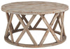 Benzara Wooden Plank Top Round Cocktail Table with X Shaped Motif Base, Light Brown