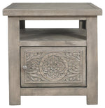 Benzara 1 Cabinet Rectangular End Table with Engraved Medallion Pattern,Taupe Gray