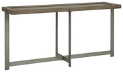 Benzara Plank Top Wooden Sofa Table with Straight Metal Legs and X Base, Gray