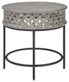 Benzara Wooden Round End Table with Hand Carved Lattice Design, Weathered Gray