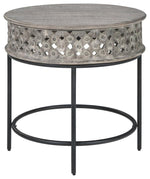 Benzara Wooden Round End Table with Hand Carved Lattice Design, Weathered Gray