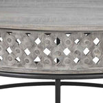 Benzara Wooden Round Cocktail Table with Hand Carved Lattice Design,Weathered Gray