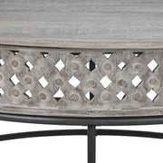 Benzara Wooden Round Cocktail Table with Hand Carved Lattice Design,Weathered Gray
