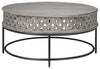 Benzara Wooden Round Cocktail Table with Hand Carved Lattice Design,Weathered Gray